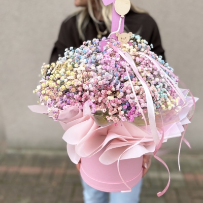 Flowerbox TĘCZA z kolorowej gipsówki